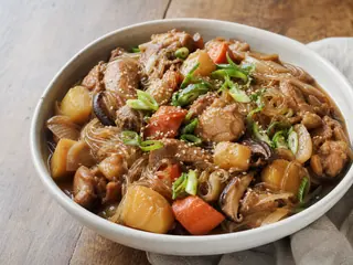 Tazón ancho de jjimdak coreano con pollo braseado en soja, verduras y fideos transparentes