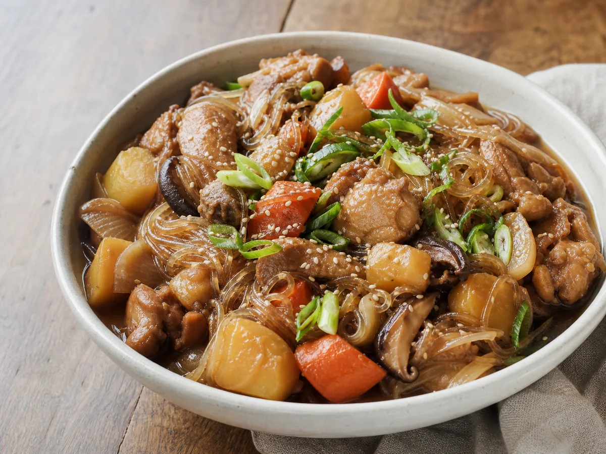 Tigela larga de jjimdak coreano com frango braseado em shoyu, legumes e macarrão transparente