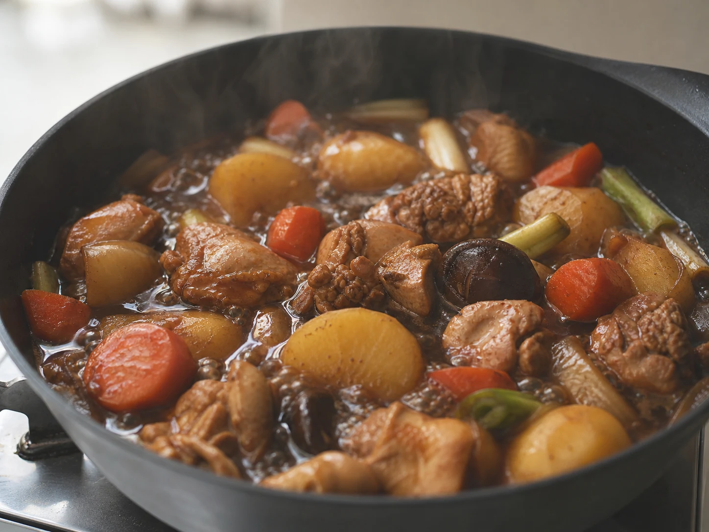 Frango de jjimdak totalmente cozido, legumes quase macios e partes claras de cebolinha em molho de shoyu ainda fluido, antes do macarrão