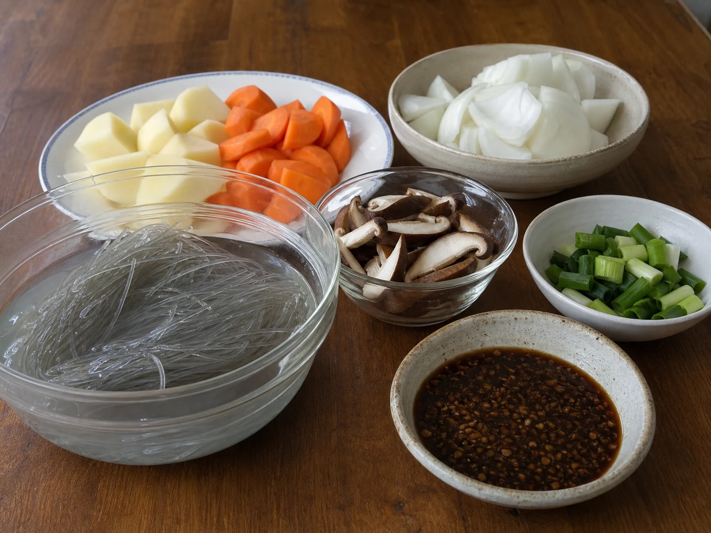 Macarrão coreano transparente demolhado, legumes cortados, cebolinhas separadas e molho de jjimdak misturado, prontos para brasear