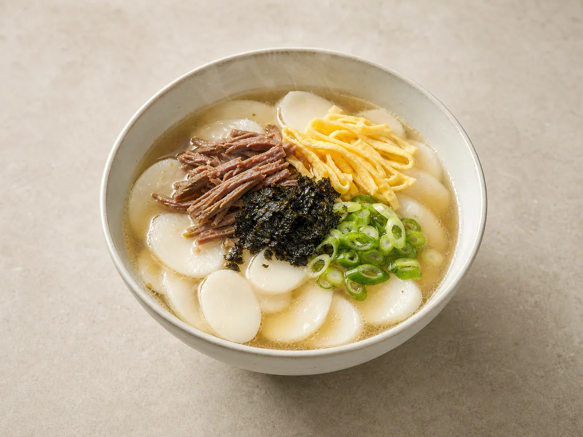 Bowl of Korean rice cake soup with beef, egg ribbons, green onion, and roasted gim