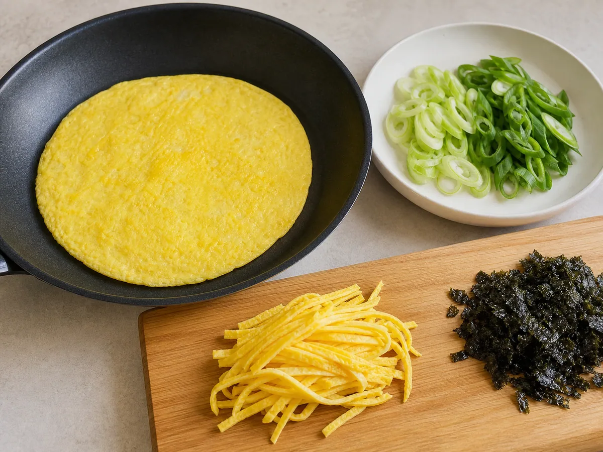 Prepare the egg and garnishes during preparation