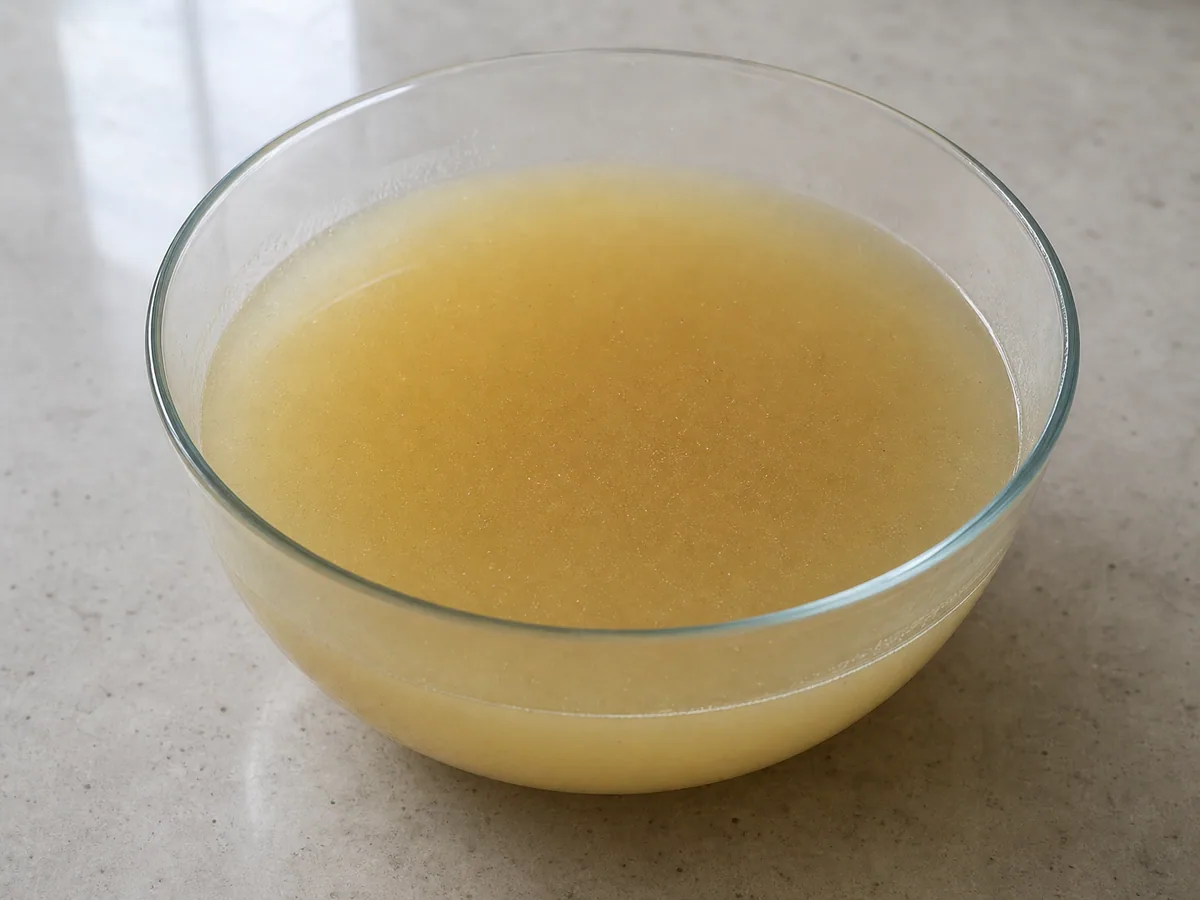 Caldo de res claro y colado en una olla limpia junto a res cocida y deshebrada