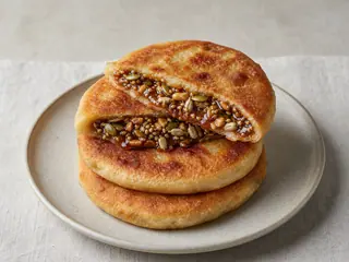Hotteok coreano relleno de semillas, abierto para mostrar jarabe de azúcar morena y semillas tostadas