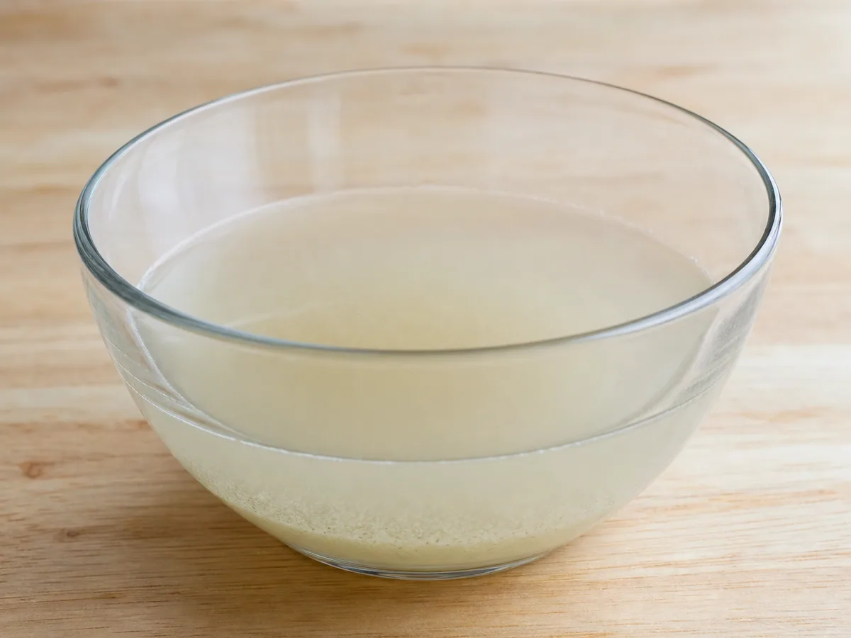 Agua de malta más clara asentada sobre una fina capa de sedimento de cebada en un tazón gree