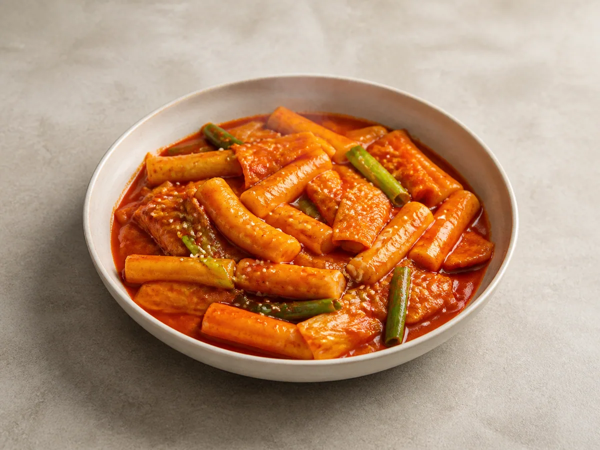 Wide bowl of Korean tteokbokki with glossy red sauce, fish cake, cabbage, scallions, and sesame seeds