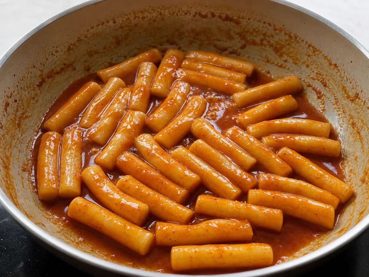 Pasteles de arroz de textura elástica y pastel de pescado caliente cubiertos de salsa espesa y brillante de tteokbokki