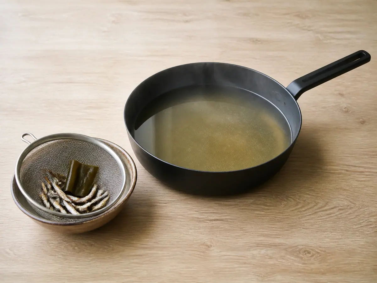 Strained clear anchovy-kelp stock held hot in a saucepan