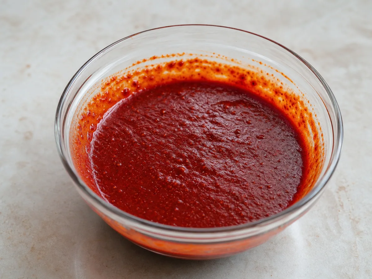 Mezcla lisa de salsa de color rojo intenso para tteokbokki en un tazón pequeño
