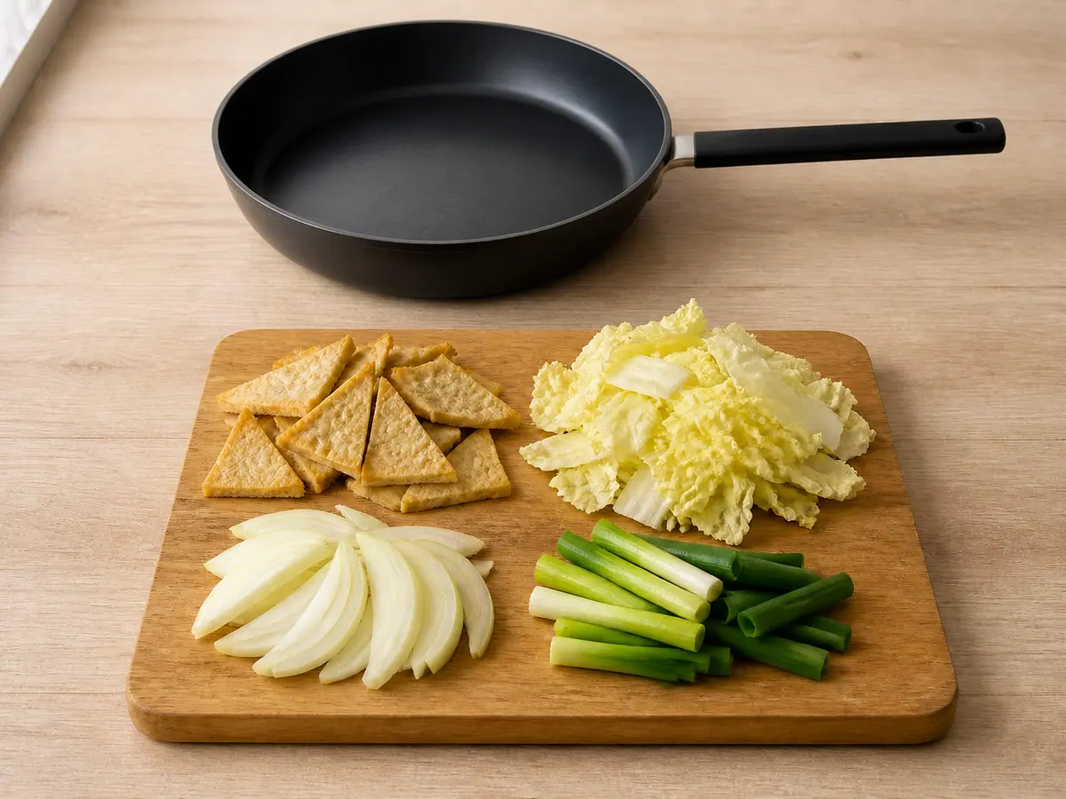 Prepared fish cake triangles and sliced vegetables arranged for tteokbokki
