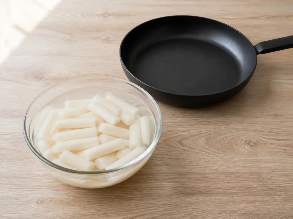 Separated Korean rice cakes soaking in warm water