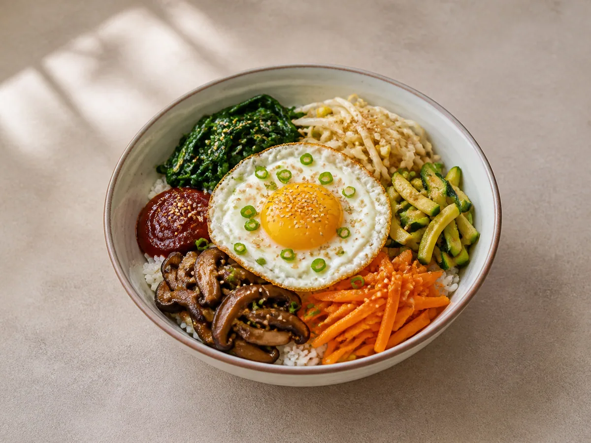 Bibimbap coreano de verduras con vegetales coloridos, arroz y un huevo bien cocido