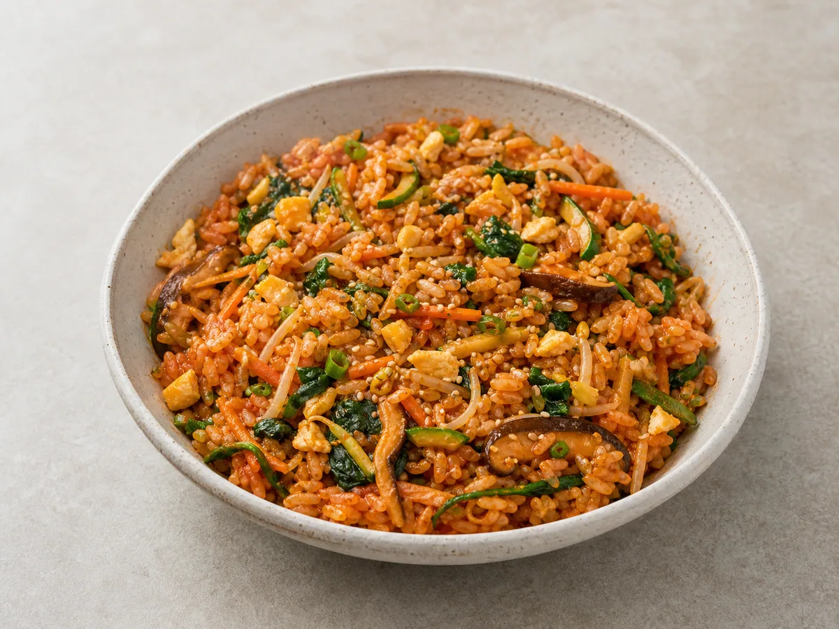 Bibimbap coreano de verduras mezclado con salsa de gochujang
