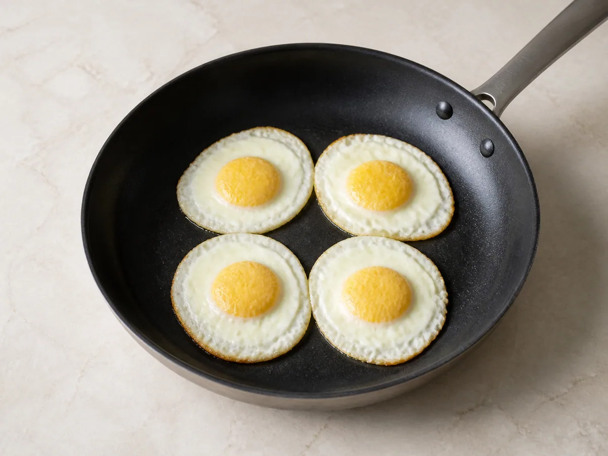 Huevos fritos completamente cocidos, con claras y yemas firmes, para bibimbap