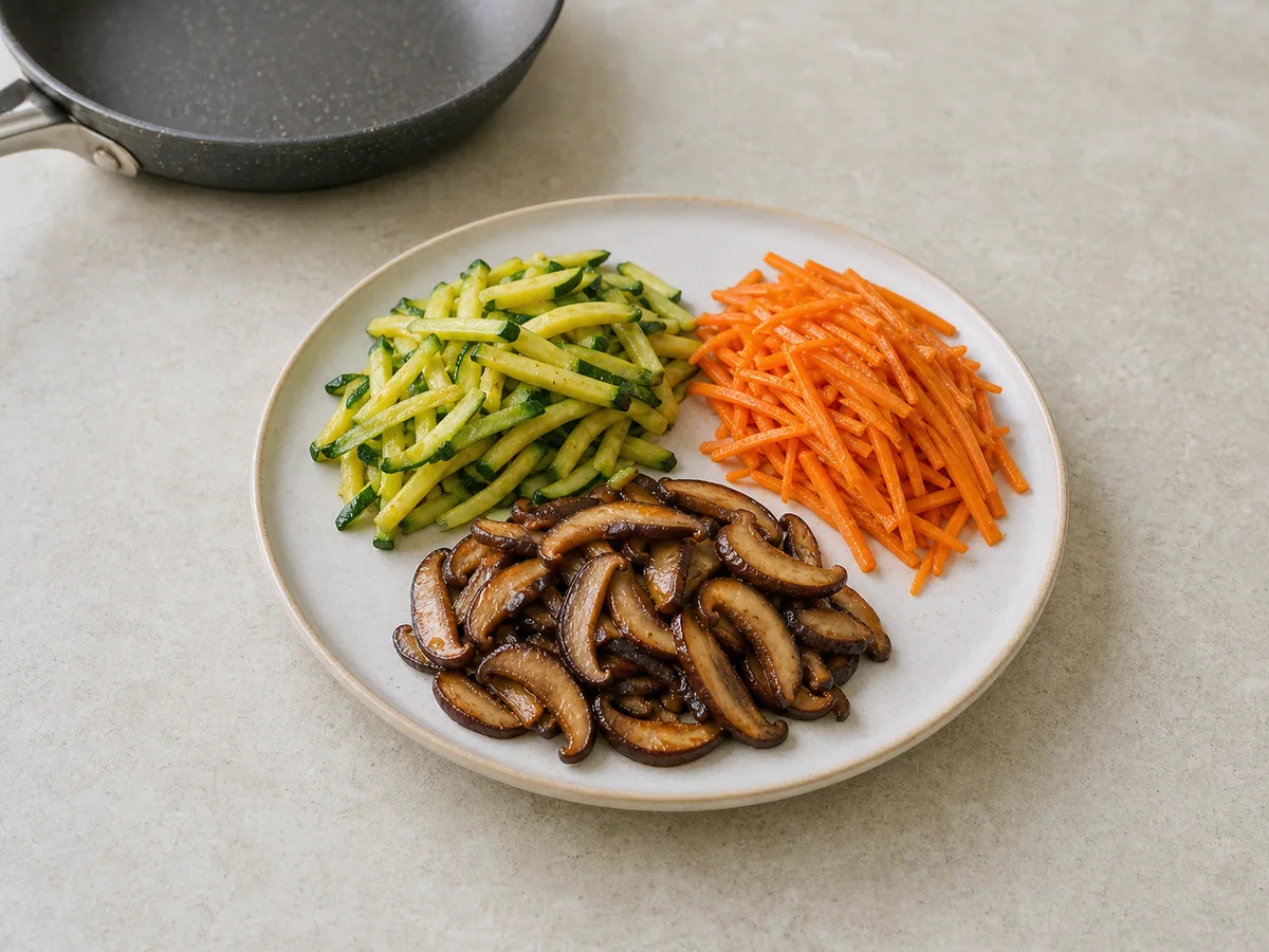 Calabacín, zanahoria y shiitake dorados en montones separados para bibimbap coreano de verduras