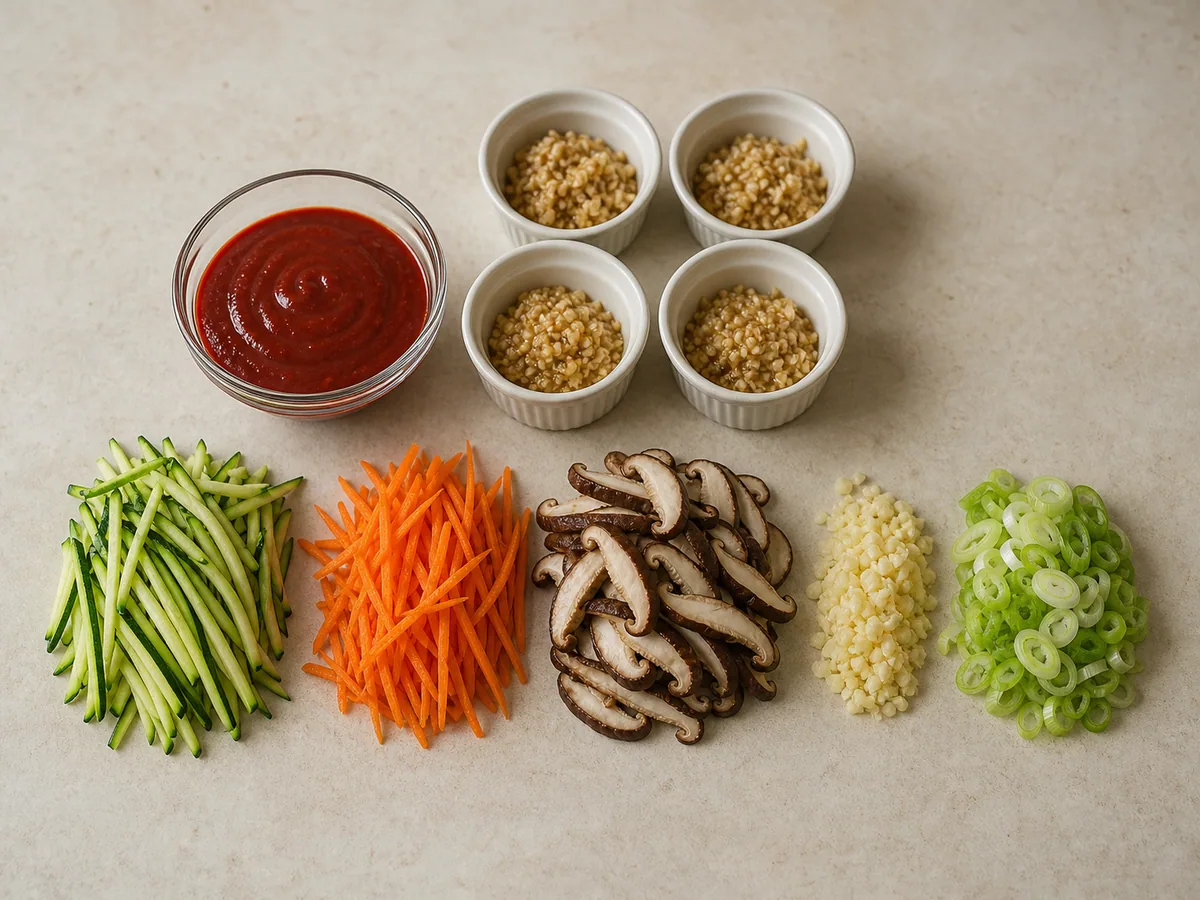 Verduras preparadas con salsa de gochujang y cinco porciones de sazonador para bibimbap coreano