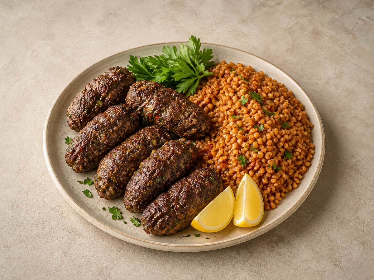 Lebanese beef kofta logs served with tomato bulgur, parsley, and lemon