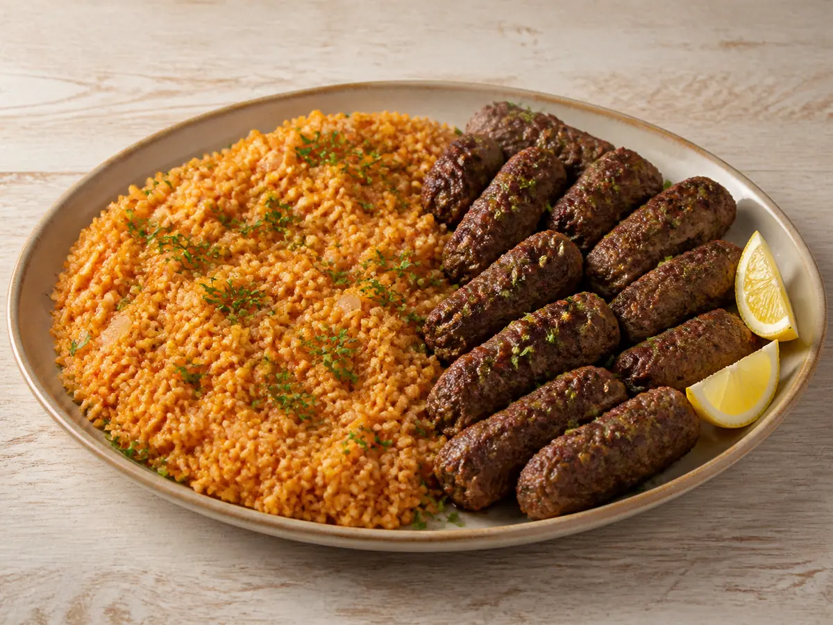 Lebanese beef kofta with fluffy bulgur ready to serve