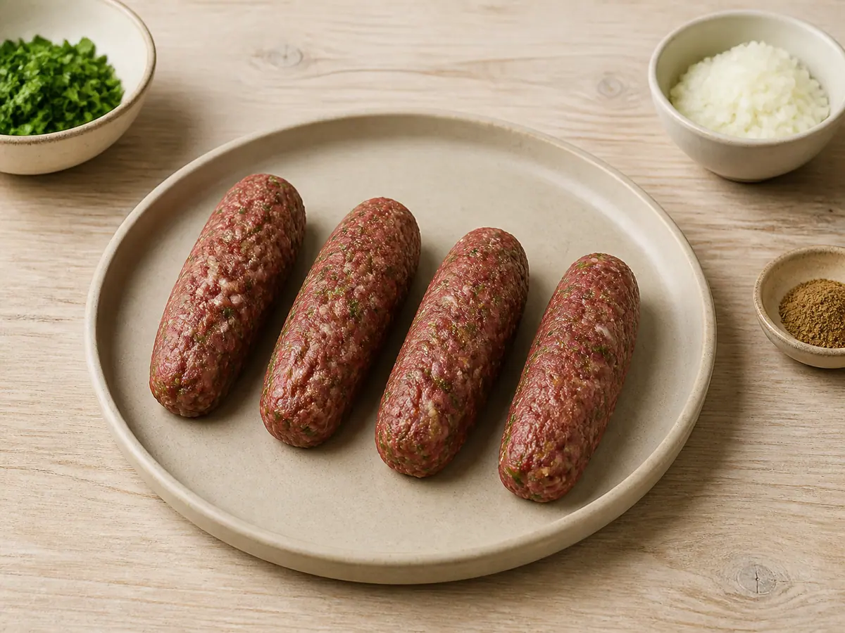 Raw beef kofta logs shaped on a clean tray
