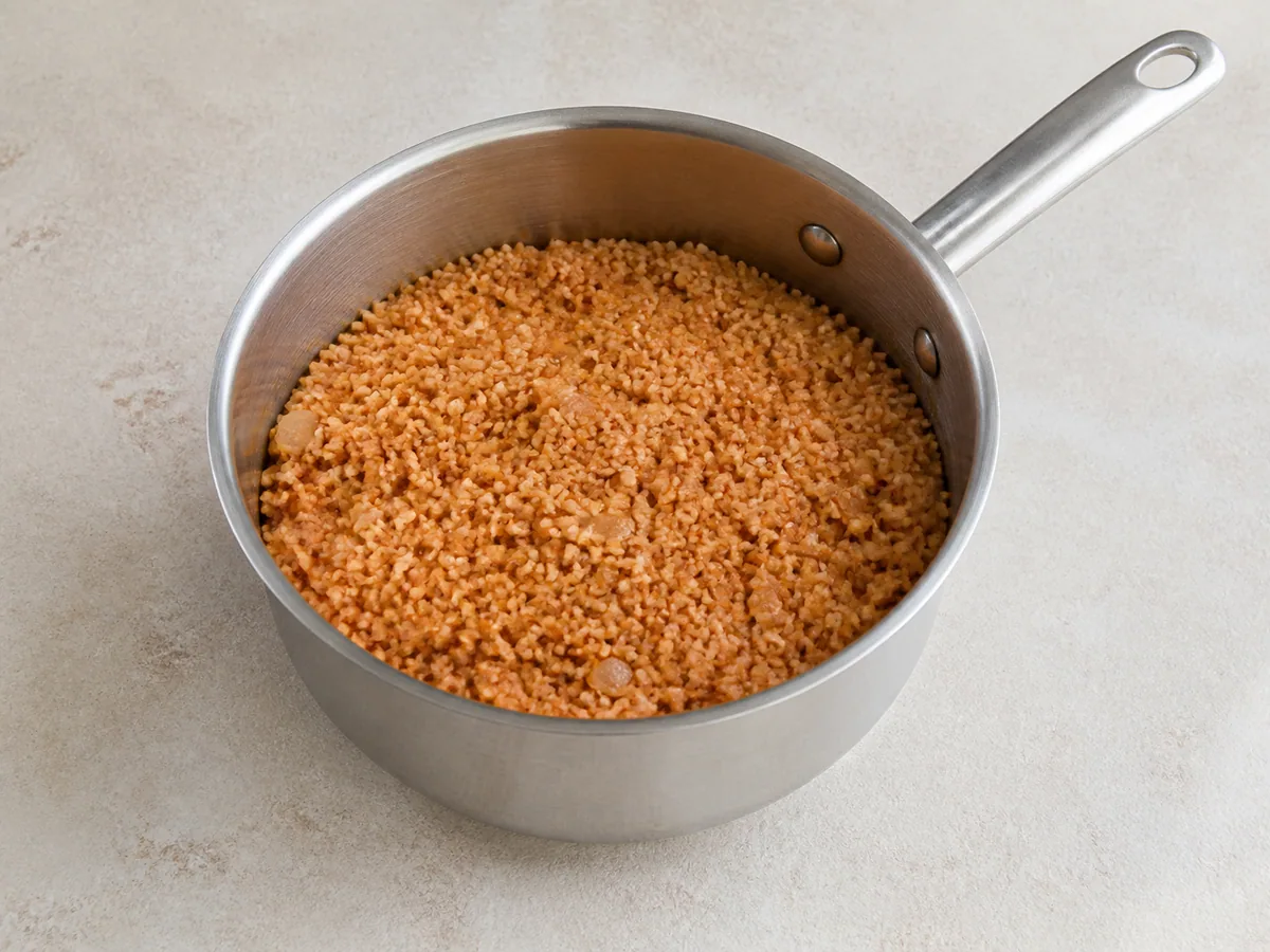 Bulgur con tomate reposado, líquido absorbido y granos separados en la cacerola