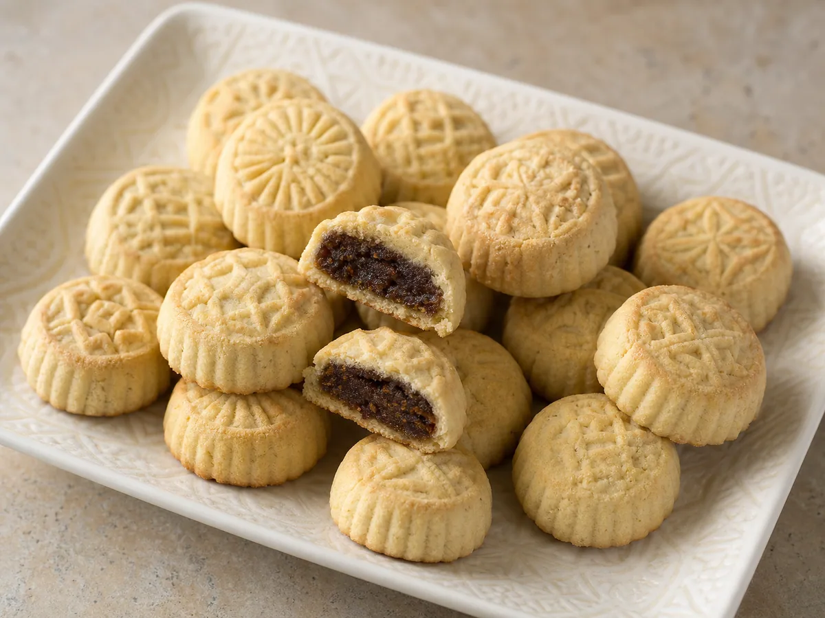Biscoitos maamoul libaneses de tâmara moldados, com um aberto mostrando o recheio