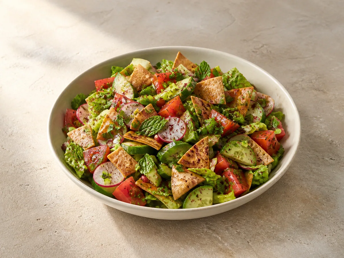 Tazón grande de fattoush libanesa con pita crujiente, tomates, pepino, rábanos, hierbas y sumac