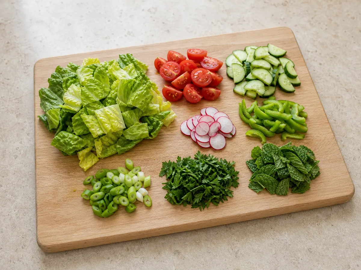 Vegetales y hierbas secos, cortados para fattoush