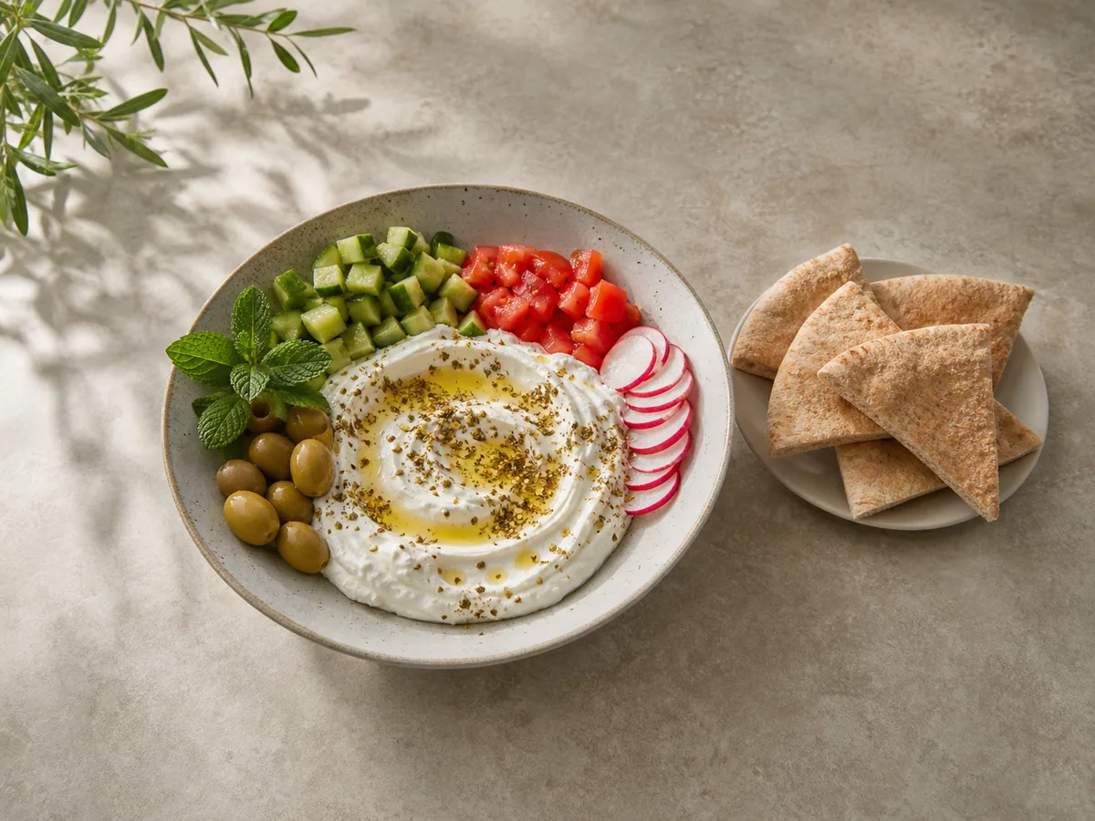 Tazón libanés de labneh para el desayuno con vegetales, aceitunas, za'atar y pita