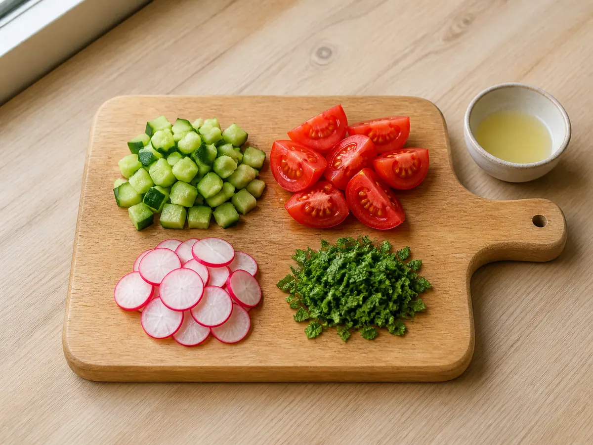 Freshly cut cucumber, tomatoes, radishes, and mint ready for dressing