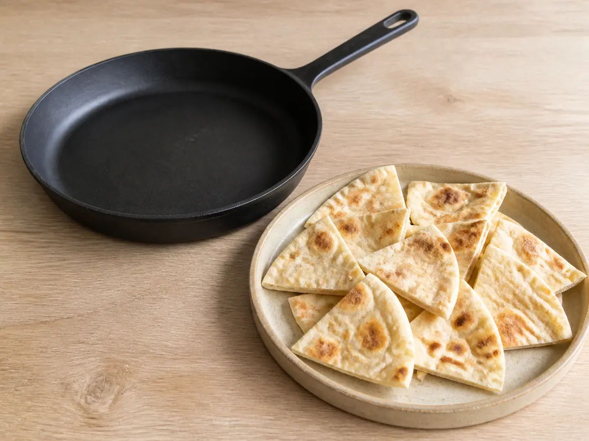 Warm pita wedges with light toasted spots beside a dry skillet