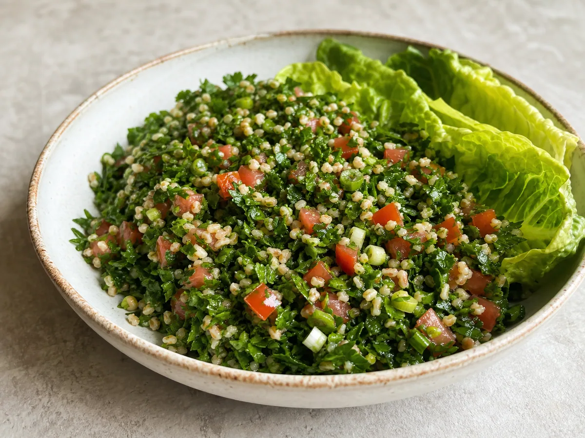 Parsley-forward Lebanese tabbouleh in a shallow bowl with romaine leaves