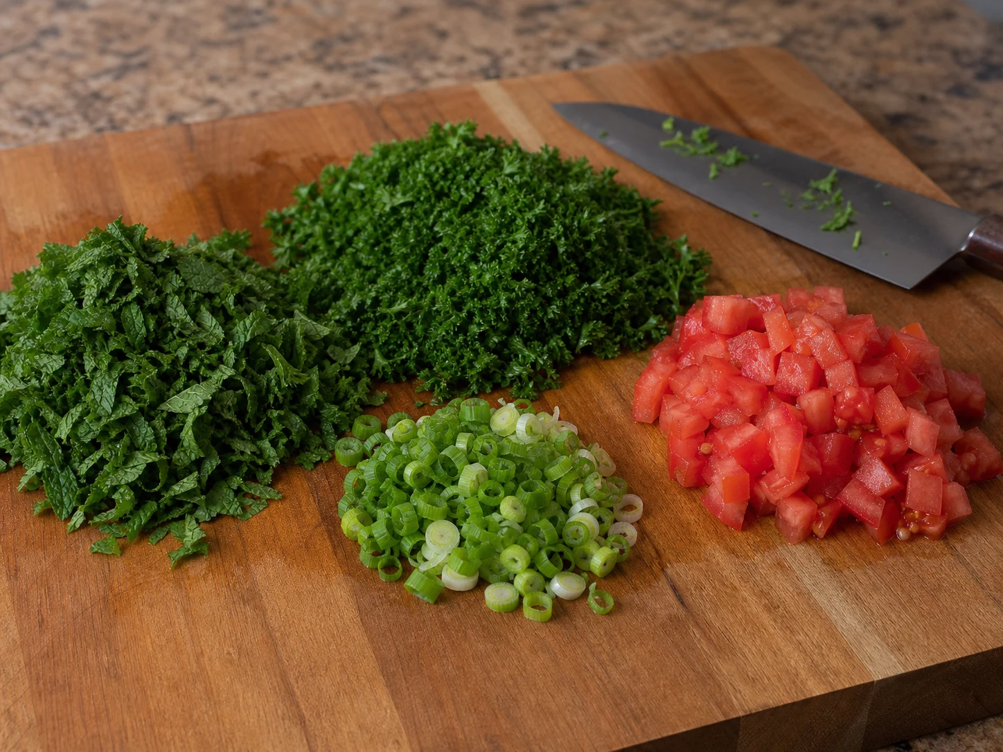 Perejil y menta cortados finamente con tomates en cubitos y cebollines para tabule libanés