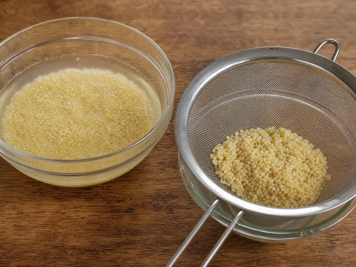 Bulgur fino hidratado y prensado para secarlo en un colador de malla fina para tabule libanés