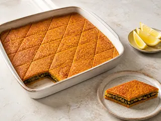 Kibbeh libanés de calabaza cortado en rombos, con relleno de acelga, garbanzos y nueces