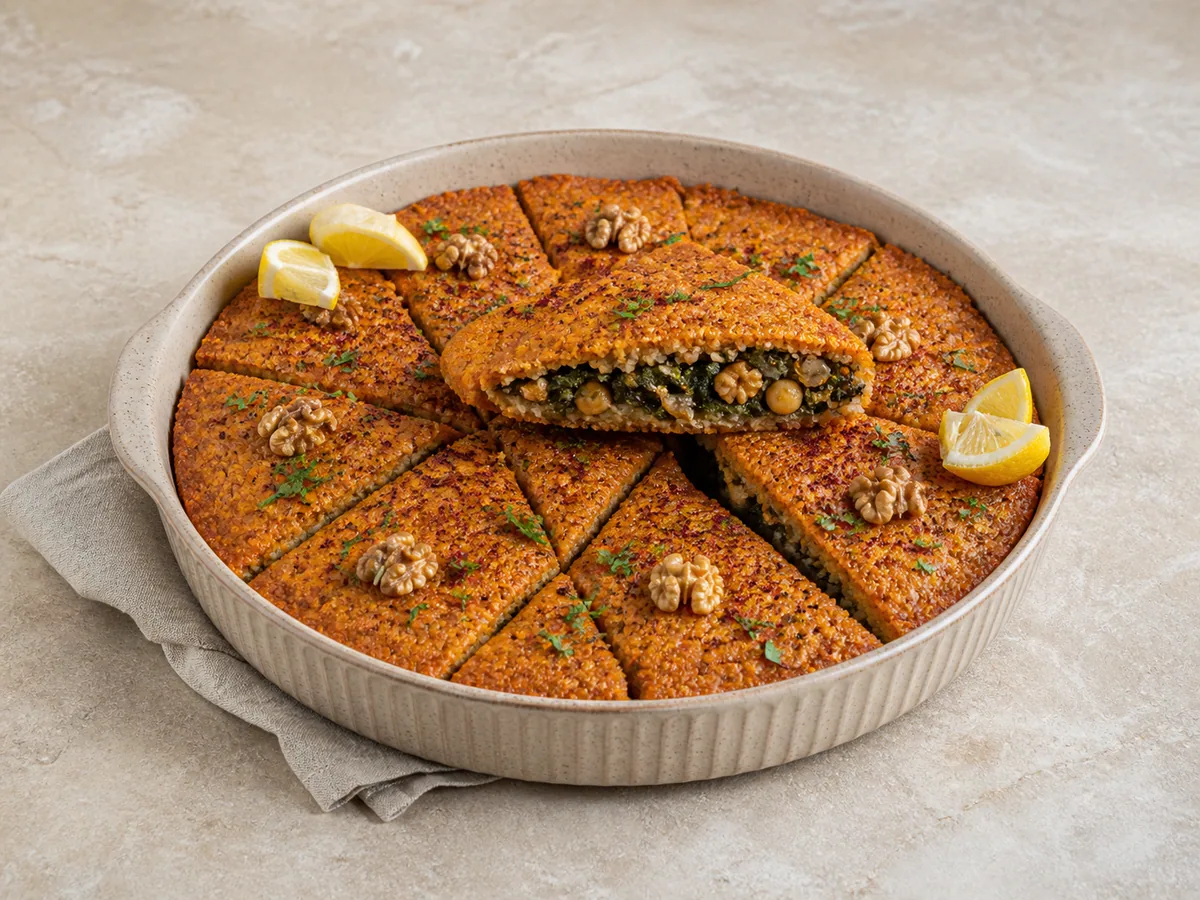 Diamond-cut Lebanese pumpkin kibbeh showing a Swiss chard, chickpea, and walnut filling