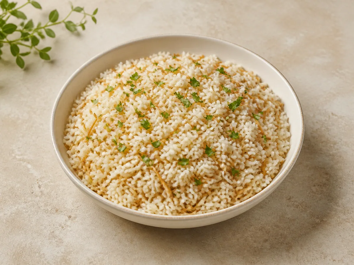 Tigela de arroz libanês soltinho com fios de macarrão cabelo de anjo dourados