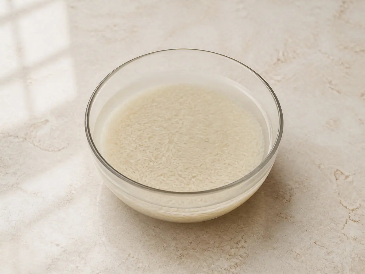 Rinsed long-grain rice soaking in clear water in a plain bowl