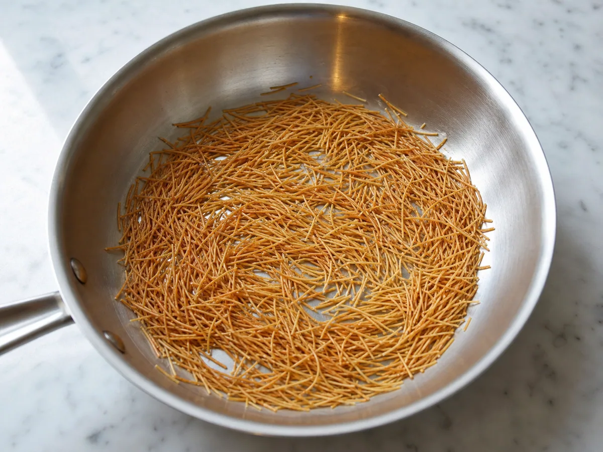 Macarrão cabelo de anjo uniformemente dourado no azeite antes de adicionar o arroz