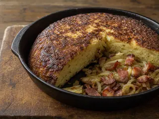 Slices of Lithuanian potato kugelis topped with caramelized onions, bacon, and sour cream