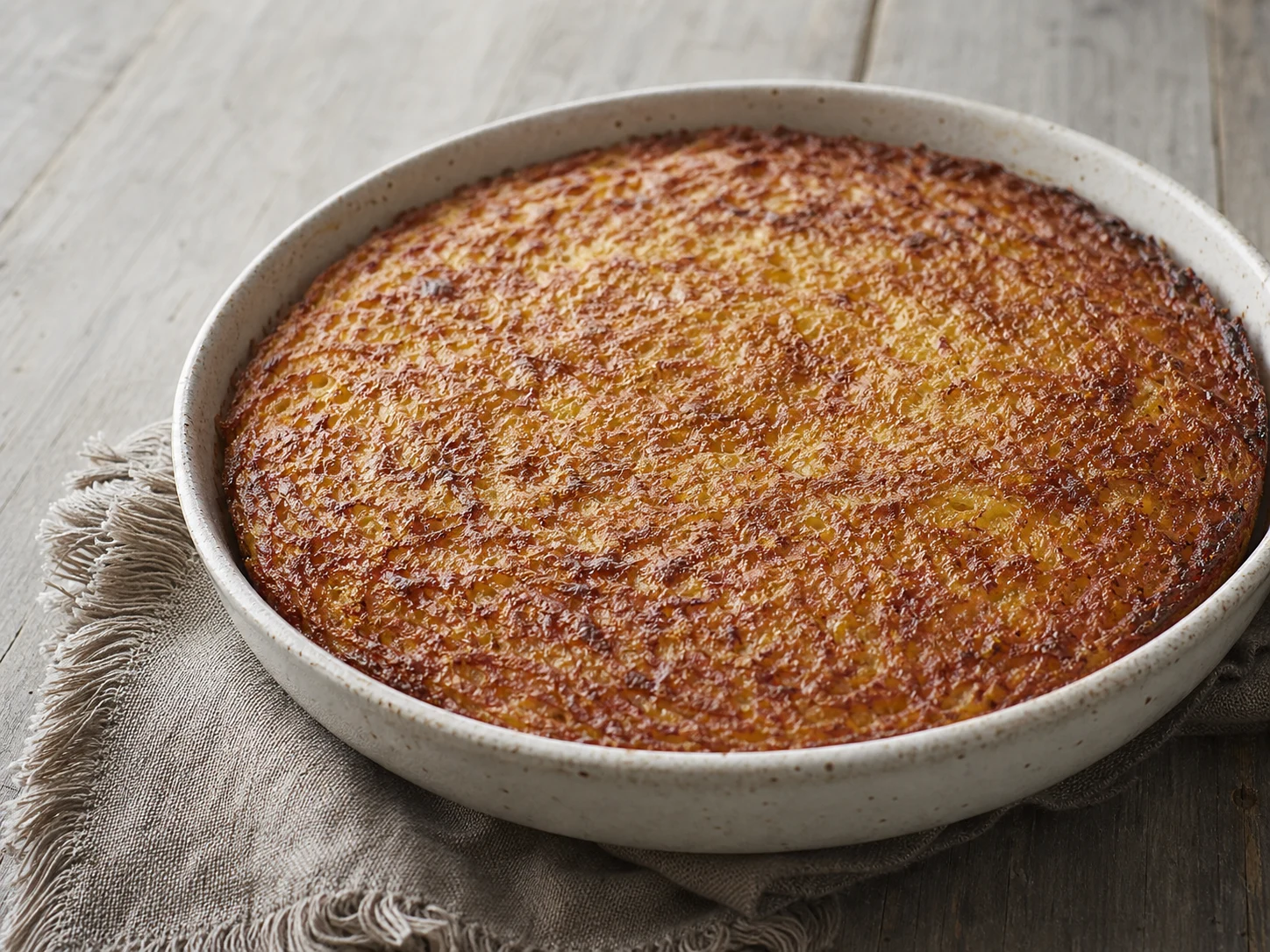 Kugelis lituano de batata inteiro e assado, com crosta dourada intensa, em uma assadeira rasa