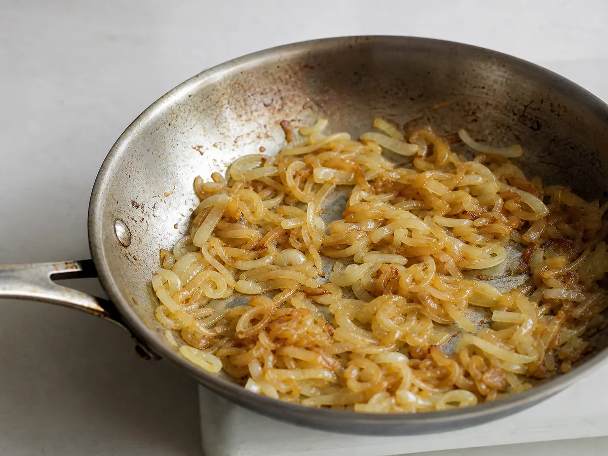 Cebolas caramelizadas em âmbar intenso com bacon cozido em uma frigideira para kugelis lituano de batata