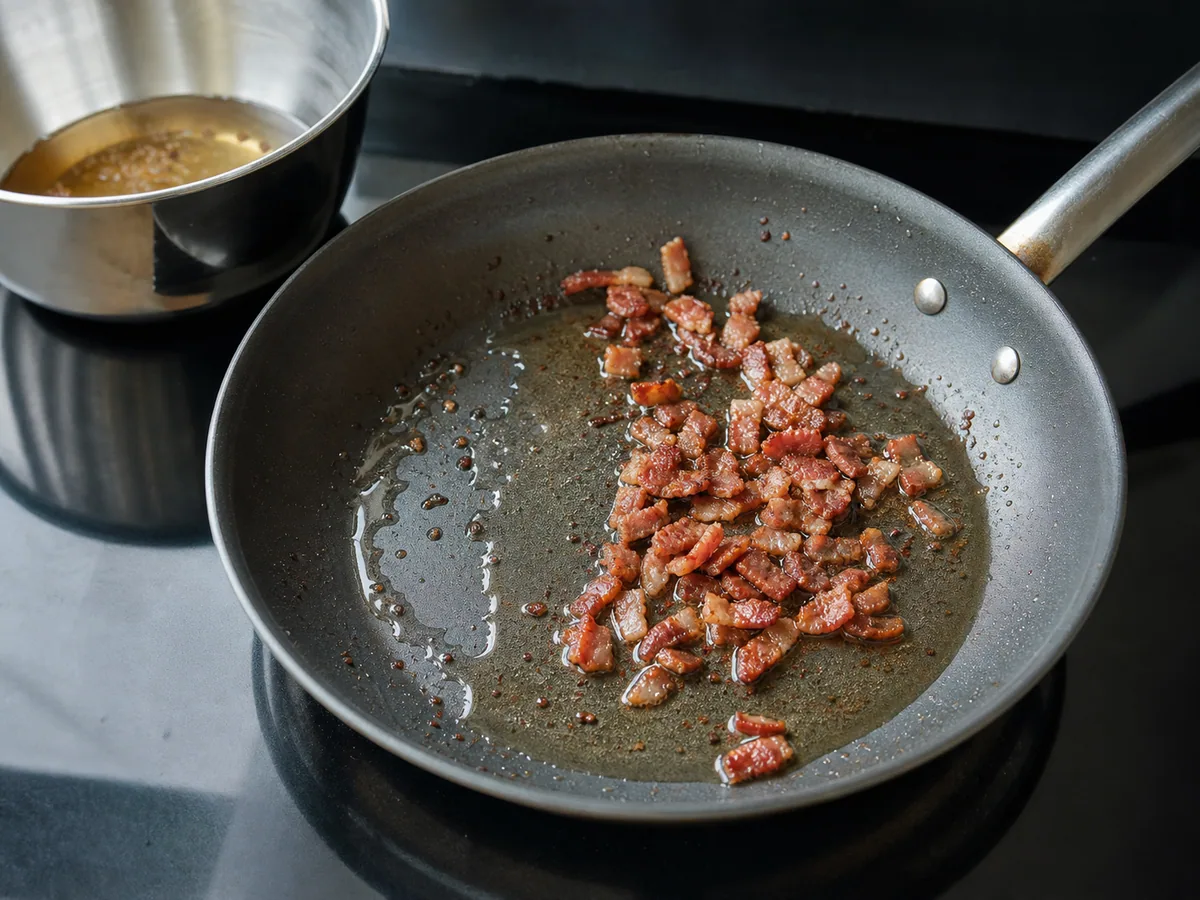 Pedaços de bacon bem cozidos e dourados com gordura derretida para kugelis lituano de batata