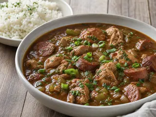 Gumbo de Luisiana con pollo y salchicha de pavo servido con arroz blanco