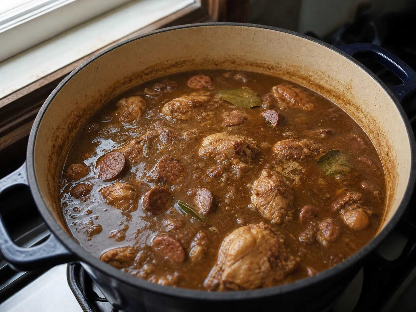 Base lisa de roux escuro e caldo de frango antes de devolver as carnes ao gumbo da Louisiana