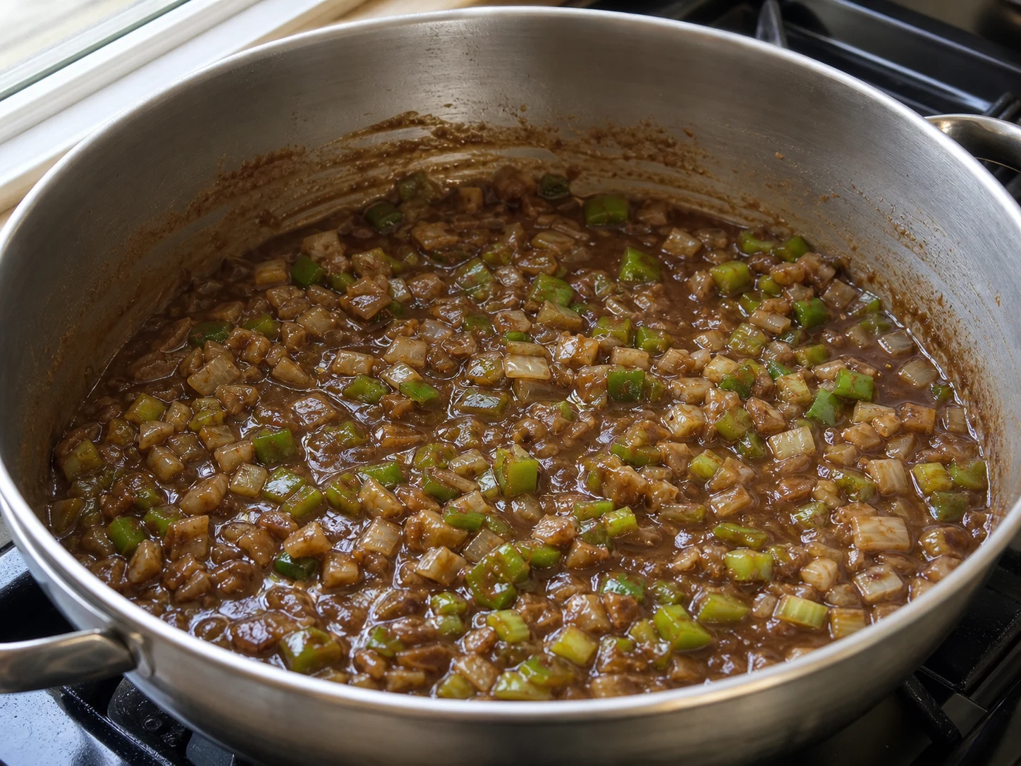 Cebola, pimentão verde e salsão macios misturados ao roux escuro para gumbo da Louisiana de frango e linguiça de peru