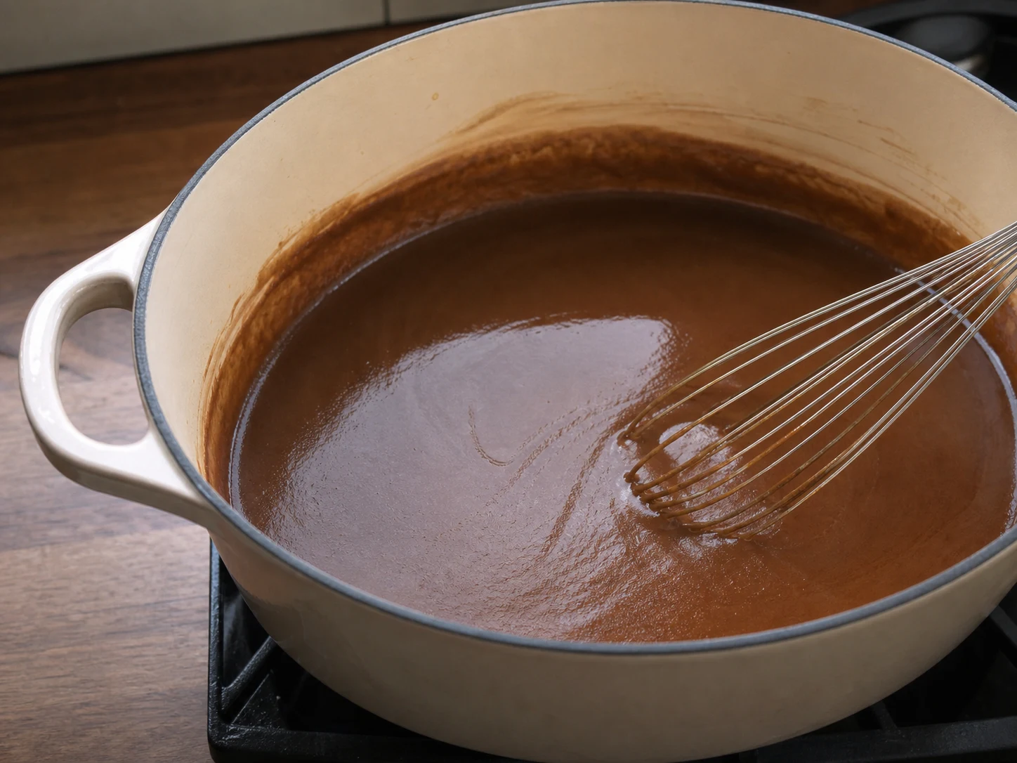Roux cor de mogno em uma panela holandesa para gumbo de frango e linguiça de peru