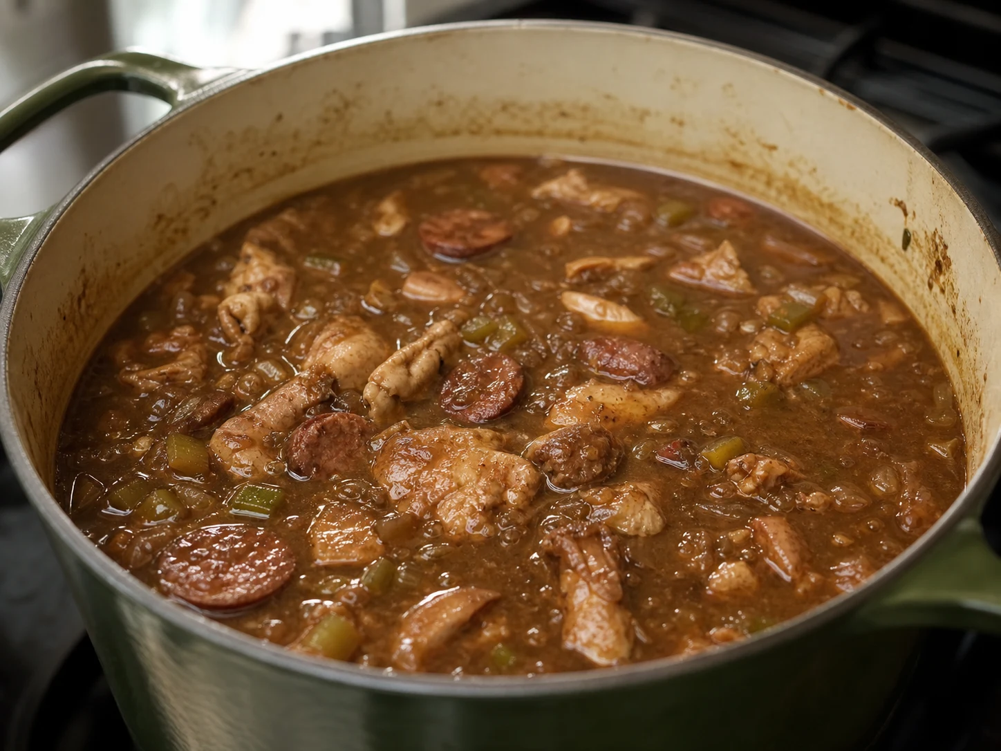 Frango totalmente cozido e linguiça de peru dourada no gumbo espesso da Louisiana após cozinhar