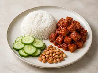 Malaysian nasi lemak with coconut rice, sambal tempeh, cucumber, and peanuts