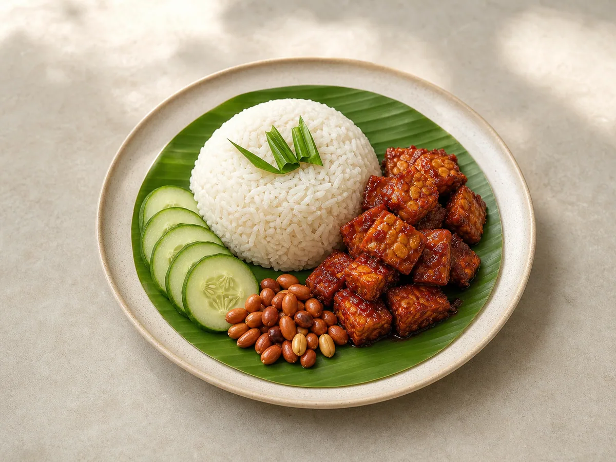 Nasi lemak malayo con arroz de coco, tempeh con sambal, pepino y cacahuates