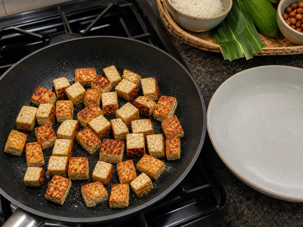 Dorando el tempeh durante la preparación